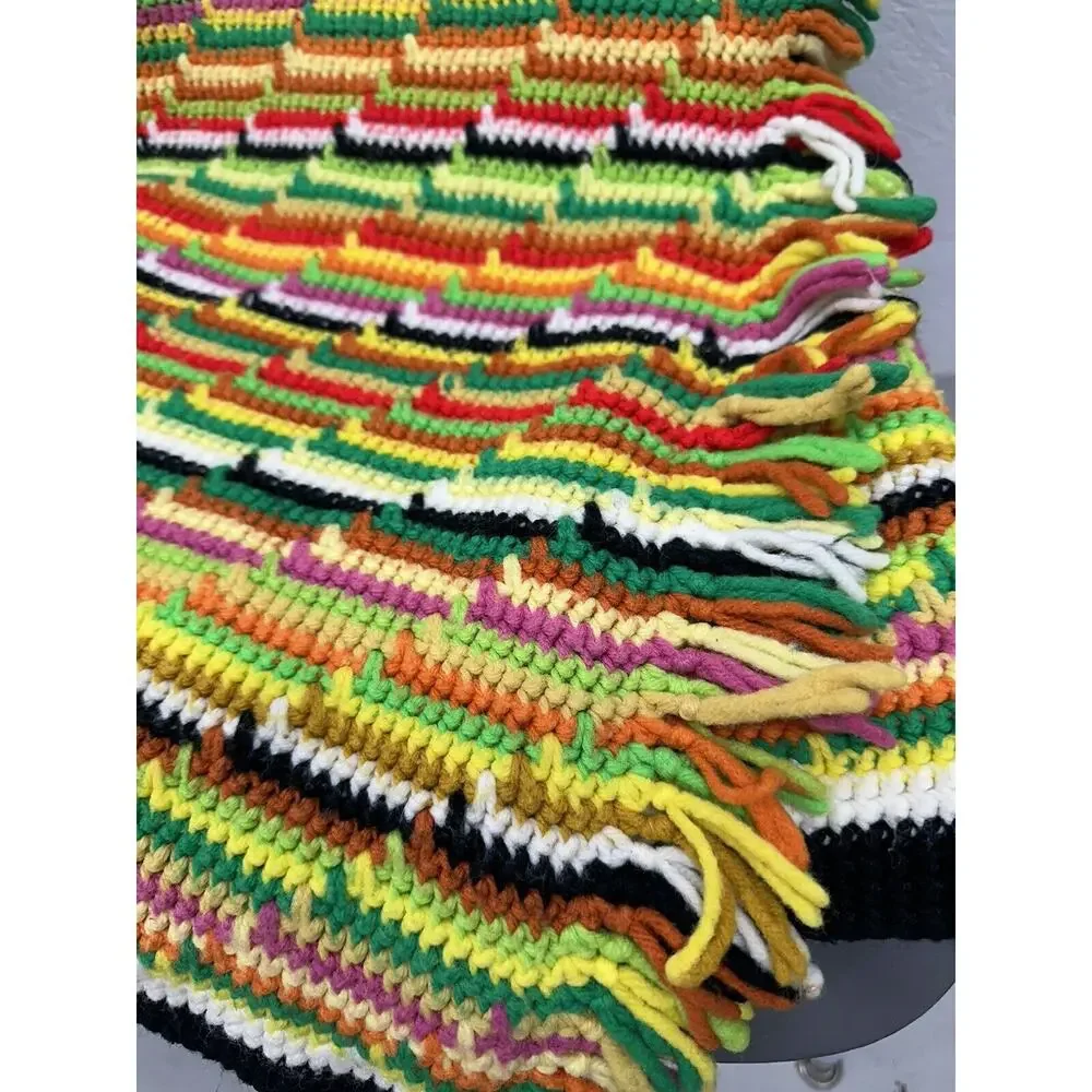VINTAGE AFGHAN THROW BLANKET RUG 1970s RETRO MULTI-COLOR 62x44